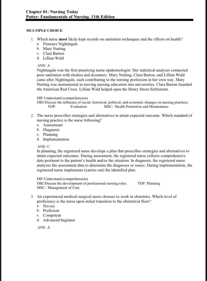 Test Bank for Fundamentals of Nursing – 11th Edition (Potter, Perry, Stockert, Hall)