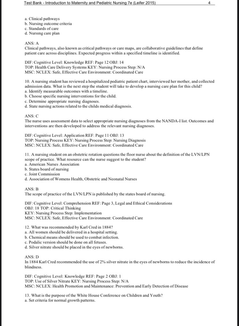 Test Bank for Introduction to Maternity and Pediatric Nursing – 7th Edition (Leifer)