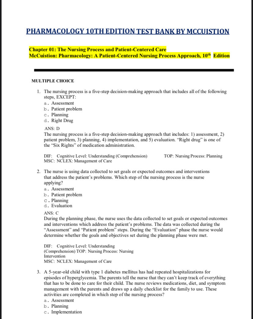 Test Bank for Pharmacology: A Patient-Centered Nursing Process Approach – 10th Edition (McCuistion)