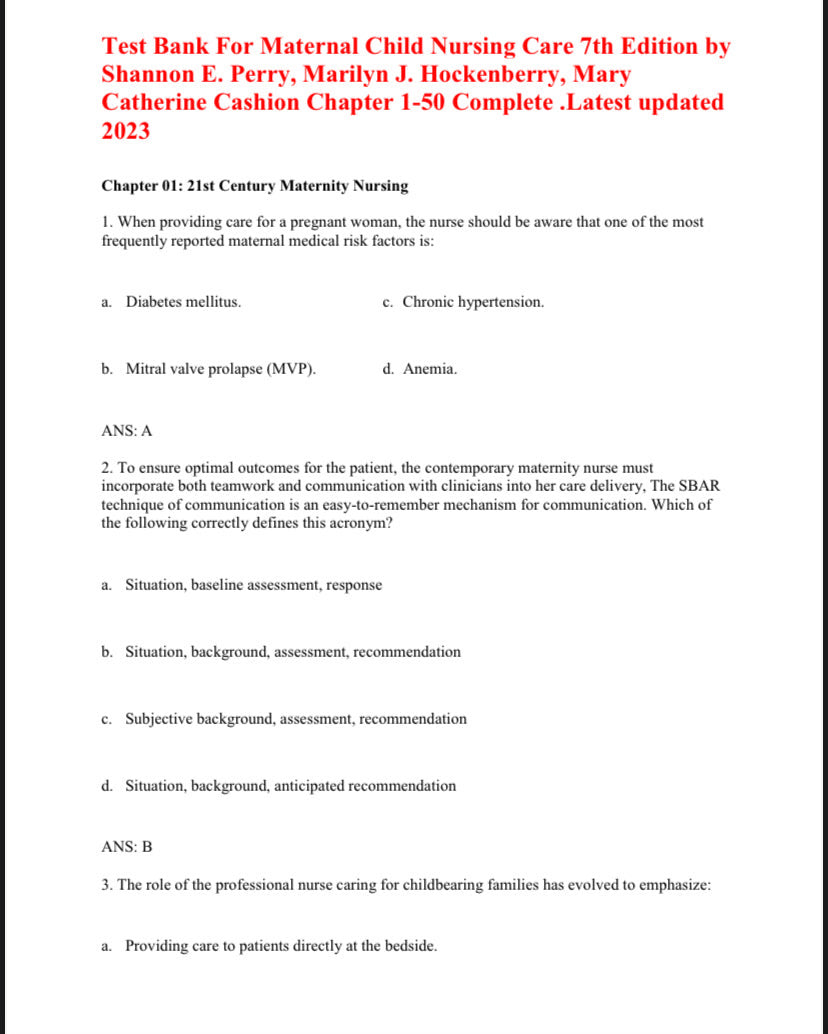 Test Bank for Maternal Child Nursing Care – 7th Edition (Perry, Hockenberry)