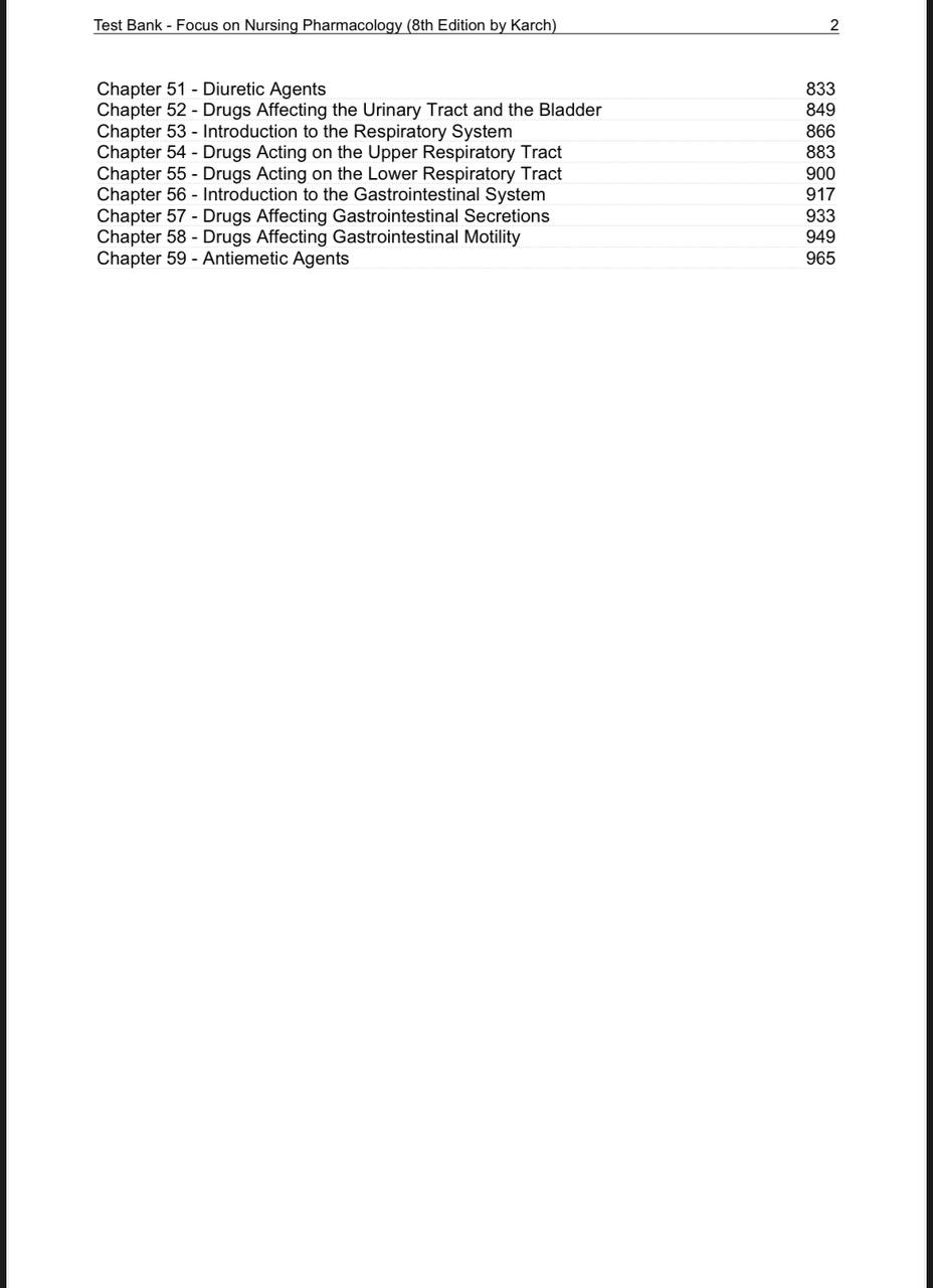 Test Bank for Focus on Nursing Pharmacology – 8th Edition (Amy M. Karch)