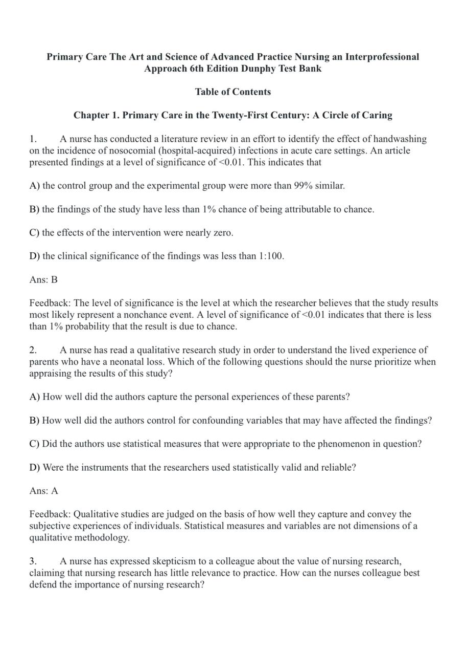Test Bank for Primary Care: The Art and Science of Advanced Practice Nursing, an Interprofessional Approach – 6th Edition (Dunphy)