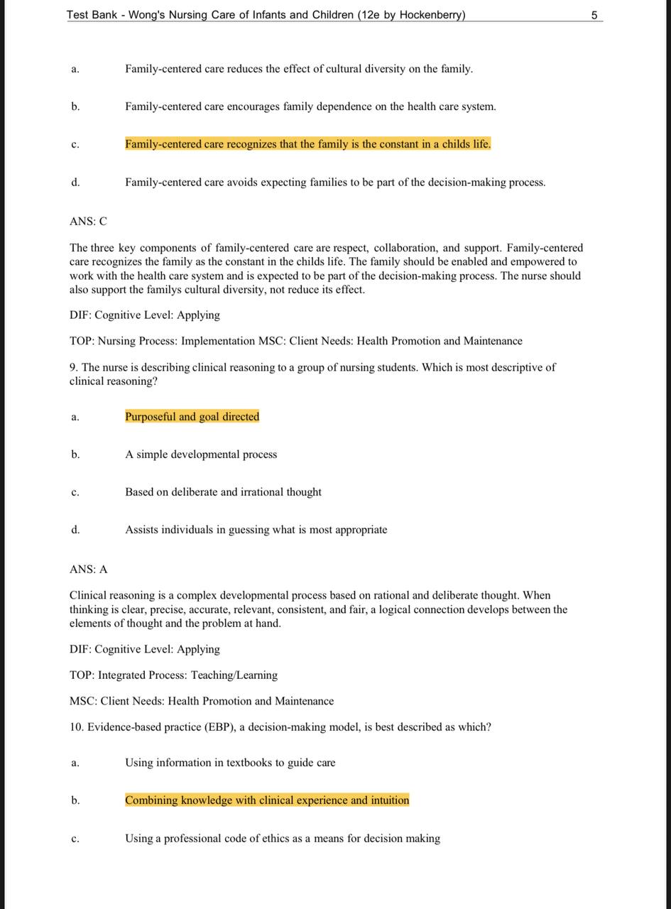 Test Bank for Wong’s Nursing Care of Infants and Children – 12th Edition (Hockenberry)