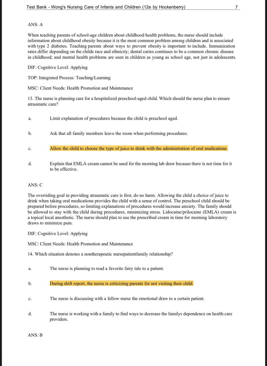 Test Bank for Wong’s Nursing Care of Infants and Children – 12th Edition (Hockenberry)