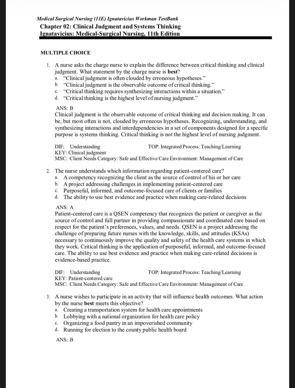 Test Bank for Medical-Surgical Nursing: Concepts for Clinical Judgment and Collaborative Care – 11th Edition (Ignatavicius)