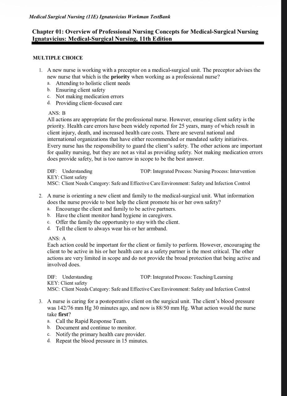 Test Bank for Medical-Surgical Nursing: Concepts for Clinical Judgment and Collaborative Care – 11th Edition (Ignatavicius)