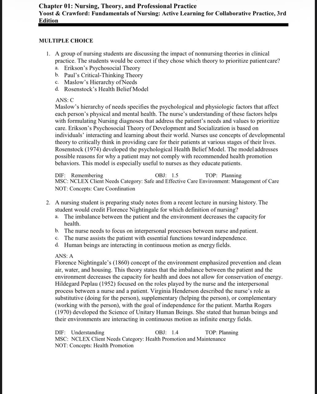 Test Bank for Fundamentals of Nursing: Active Learning for Collaborative Practice – 3rd Edition (Yoost)