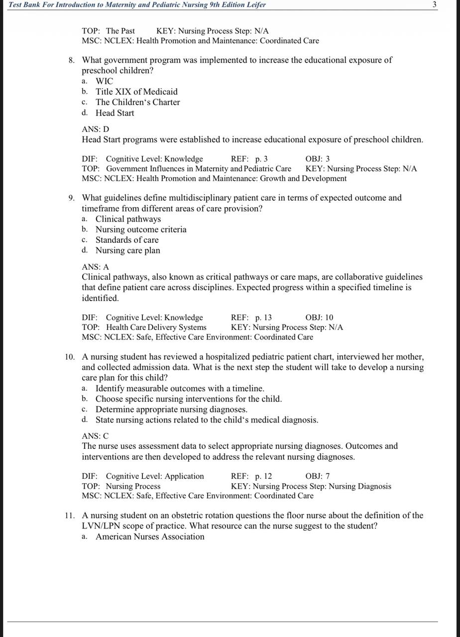 Test Bank for Introduction to Maternity and Pediatric Nursing – 9th Edition (Leifer)