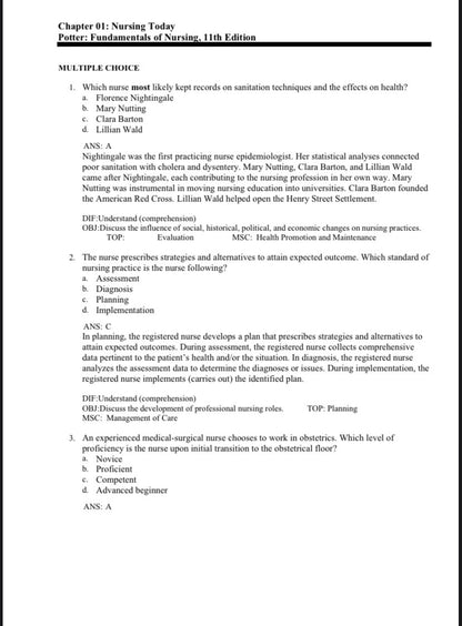 Test Bank for Fundamentals of Nursing – 11th Edition (Potter, Perry, Stockert, Hall)