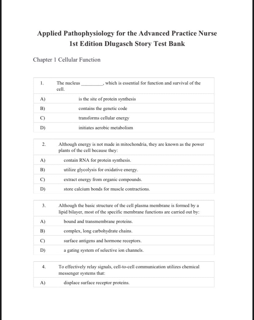 Applied Pathophysiology for the Advanced Practice Nurse — Test Bank (1st Edition, Dlugasch & Story)