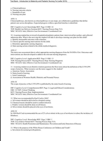 Test Bank for Introduction to Maternity and Pediatric Nursing – 7th Edition (Leifer)