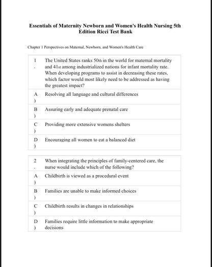 Essentials of Maternity, Newborn & Women’s Health Nursing – Test Bank (5th Edition, Ricci)