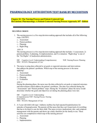Test Bank for Pharmacology: A Patient-Centered Nursing Process Approach – 10th Edition (McCuistion)