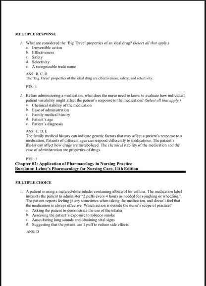 Test Bank for Lehne’s Pharmacology for Nursing Care – 11th Edition (Burchum & Rosenthal)