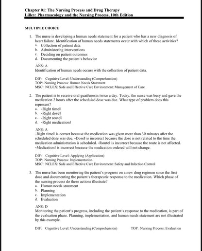 Test Bank for Pharmacology and the Nursing Process – 10th Edition (Lilley, Collins, Snyder)