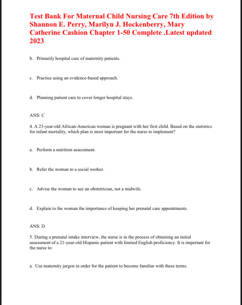 Test Bank for Maternal Child Nursing Care – 7th Edition (Perry, Hockenberry)