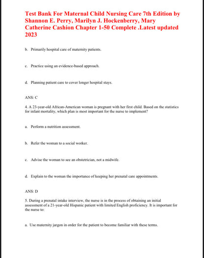 Test Bank for Maternal Child Nursing Care – 7th Edition (Perry, Hockenberry)