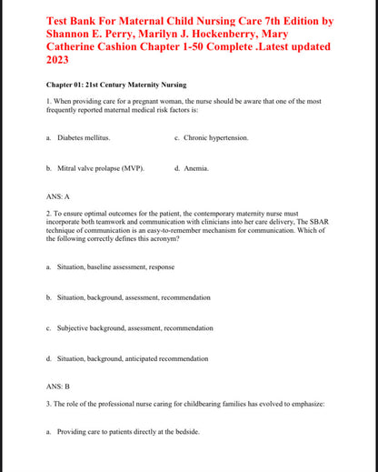 Test Bank for Maternal Child Nursing Care – 7th Edition (Perry, Hockenberry)