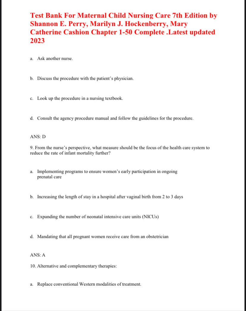 Test Bank for Maternal Child Nursing Care – 7th Edition (Perry, Hockenberry)