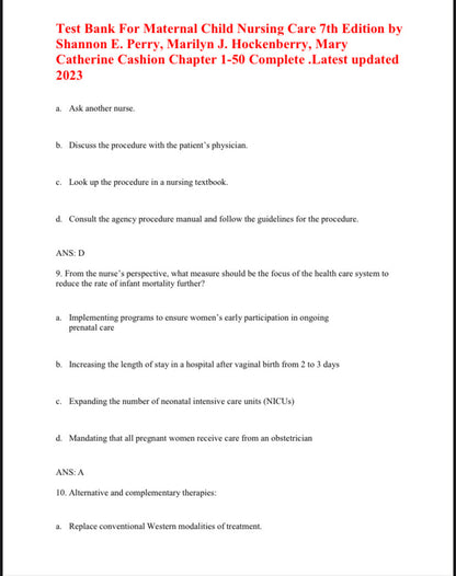 Test Bank for Maternal Child Nursing Care – 7th Edition (Perry, Hockenberry)