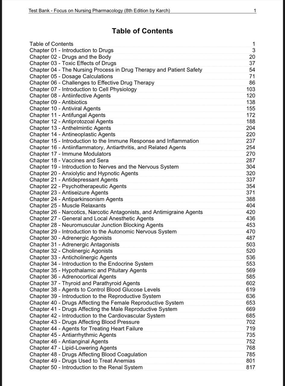 Test Bank for Focus on Nursing Pharmacology – 8th Edition (Amy M. Karch)