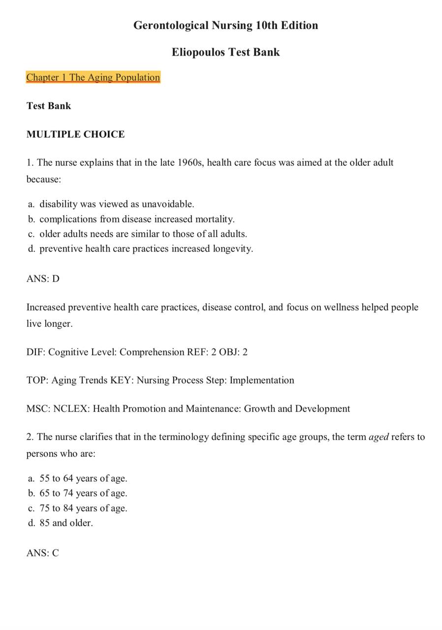 Gerontological Nursing – Test Bank (10th Edition, Eliopoulos)
