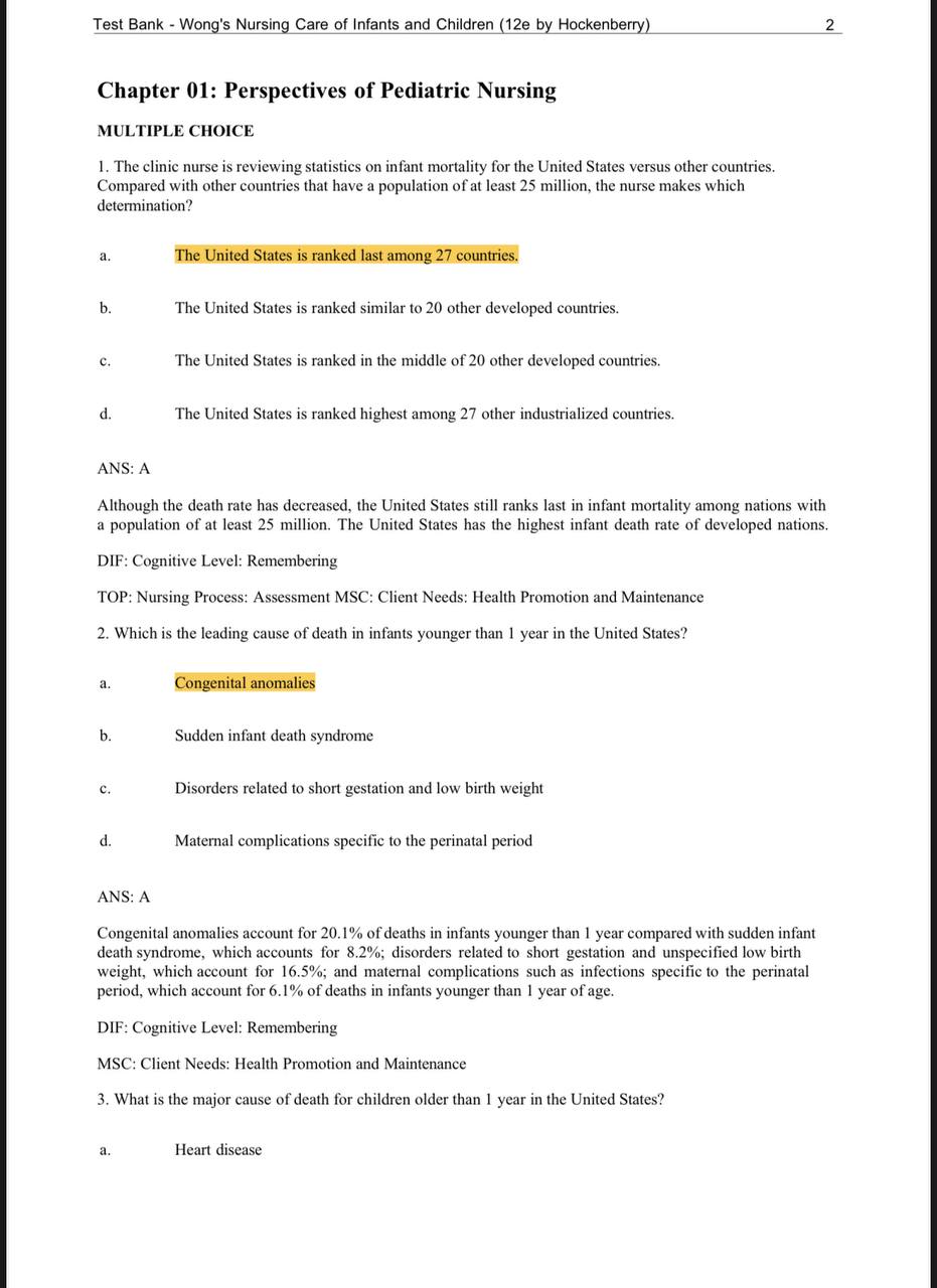 Test Bank for Wong’s Nursing Care of Infants and Children – 12th Edition (Hockenberry)