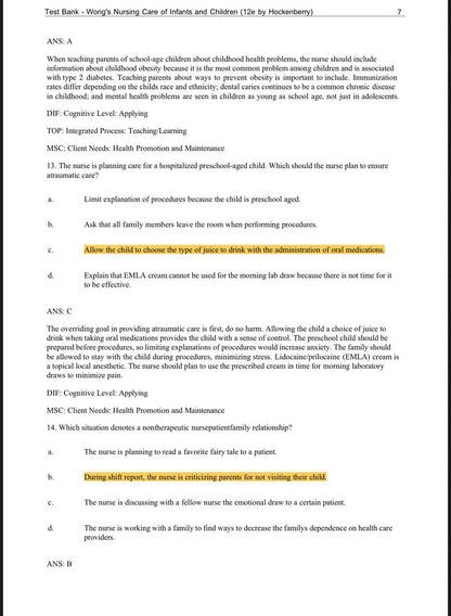 Test Bank for Wong’s Nursing Care of Infants and Children – 12th Edition (Hockenberry)