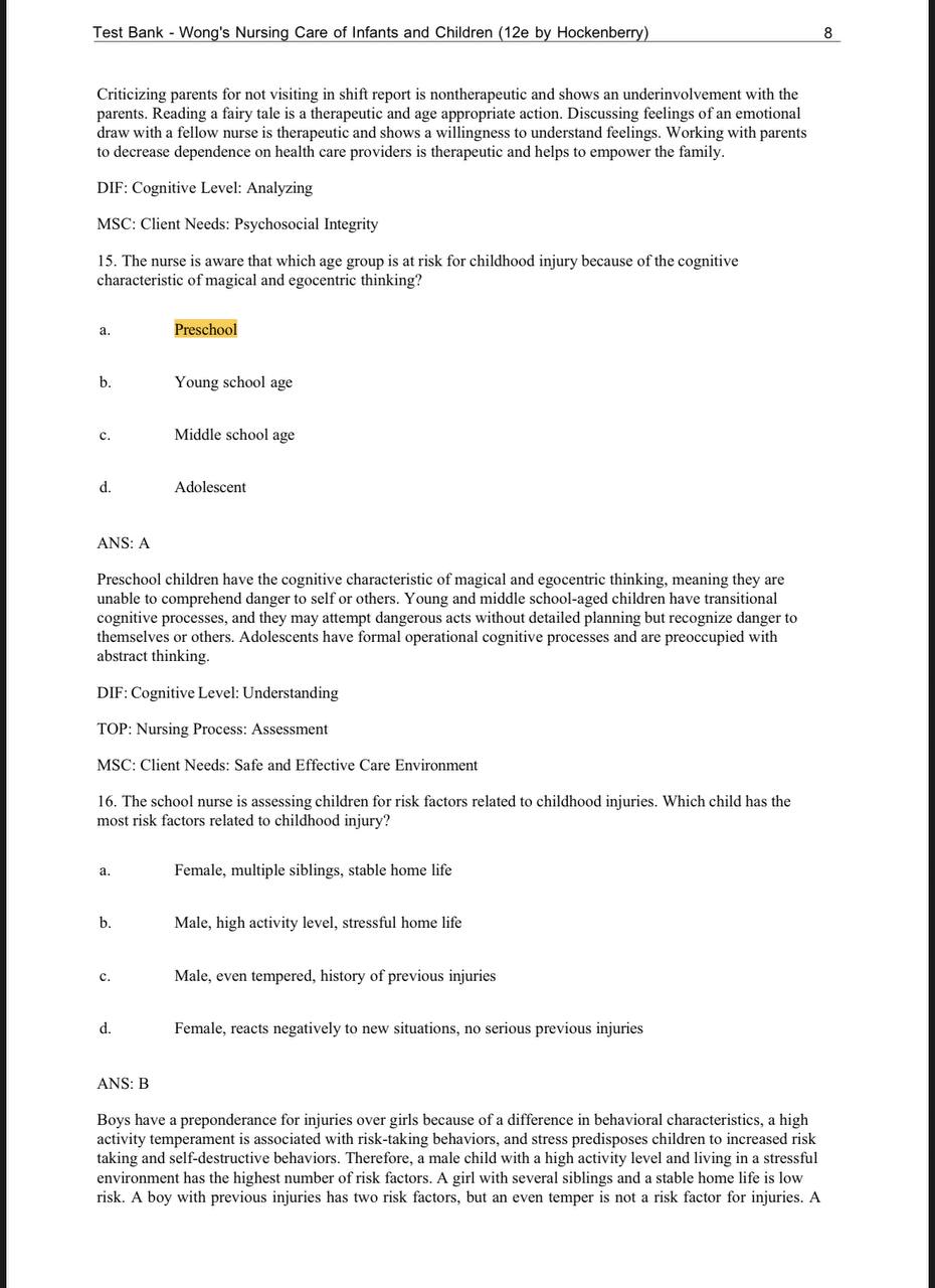 Test Bank for Wong’s Nursing Care of Infants and Children – 12th Edition (Hockenberry)