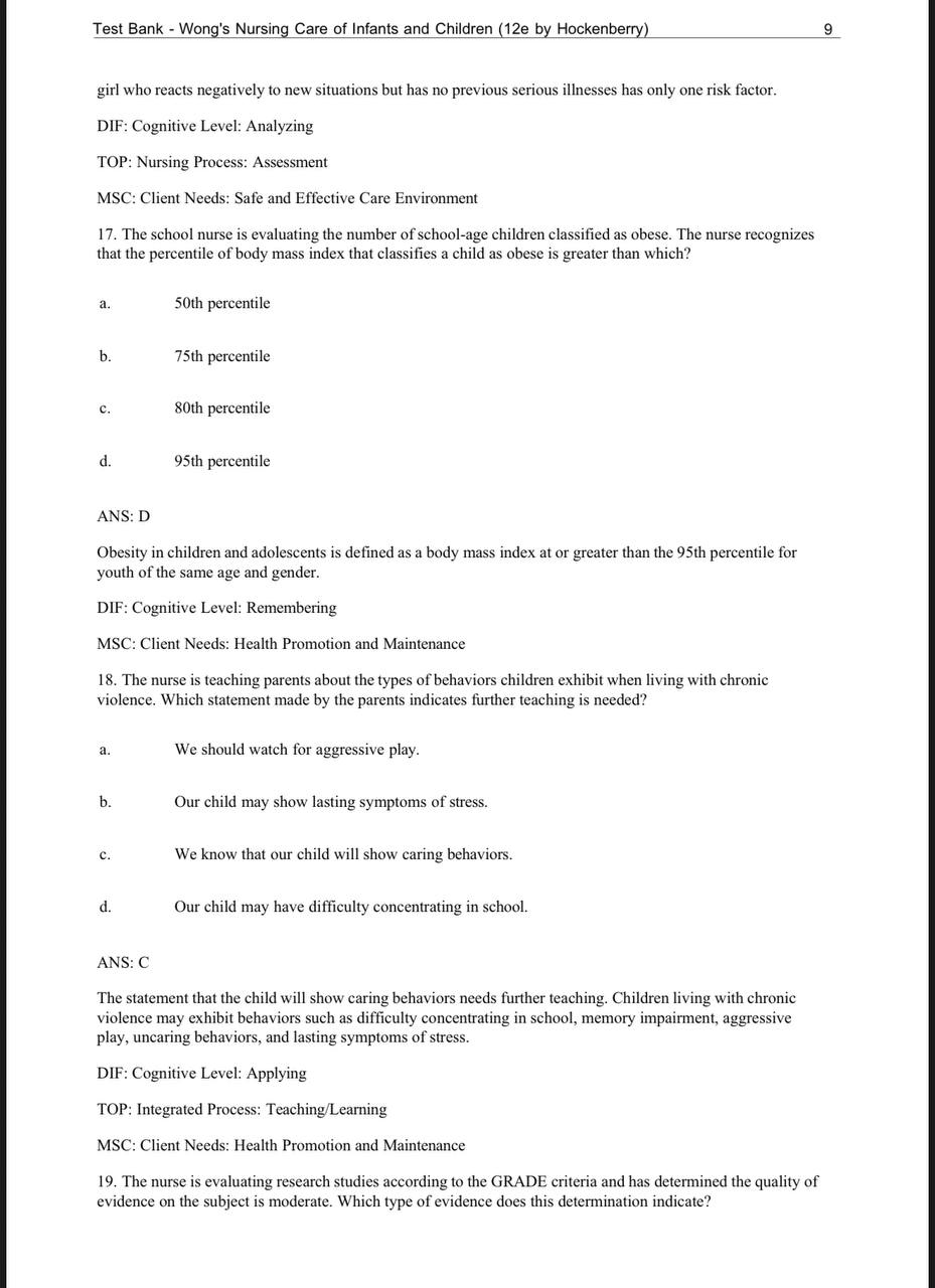 Test Bank for Wong’s Nursing Care of Infants and Children – 12th Edition (Hockenberry)