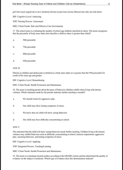 Test Bank for Wong’s Nursing Care of Infants and Children – 12th Edition (Hockenberry)