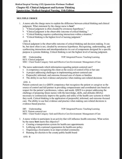 Test Bank for Medical-Surgical Nursing: Concepts for Clinical Judgment and Collaborative Care – 11th Edition (Ignatavicius)