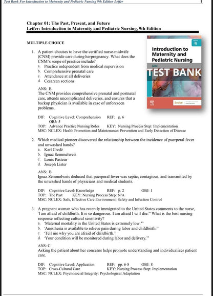 Test Bank for Introduction to Maternity and Pediatric Nursing – 9th Edition (Leifer)