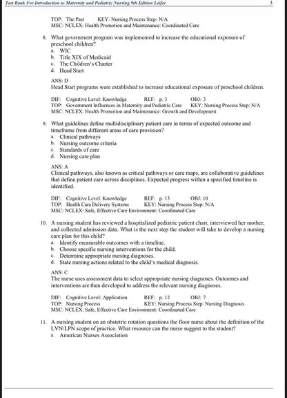 Test Bank for Introduction to Maternity and Pediatric Nursing – 9th Edition (Leifer)