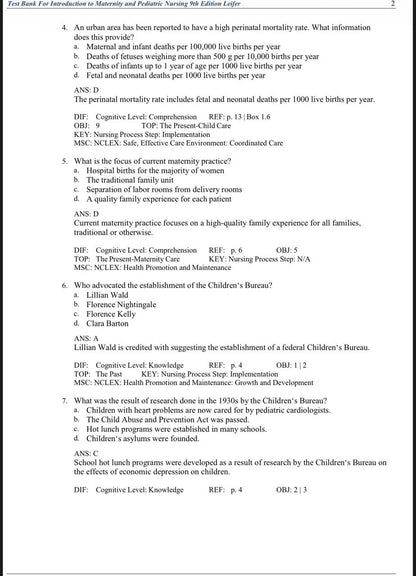 Test Bank for Introduction to Maternity and Pediatric Nursing – 9th Edition (Leifer)