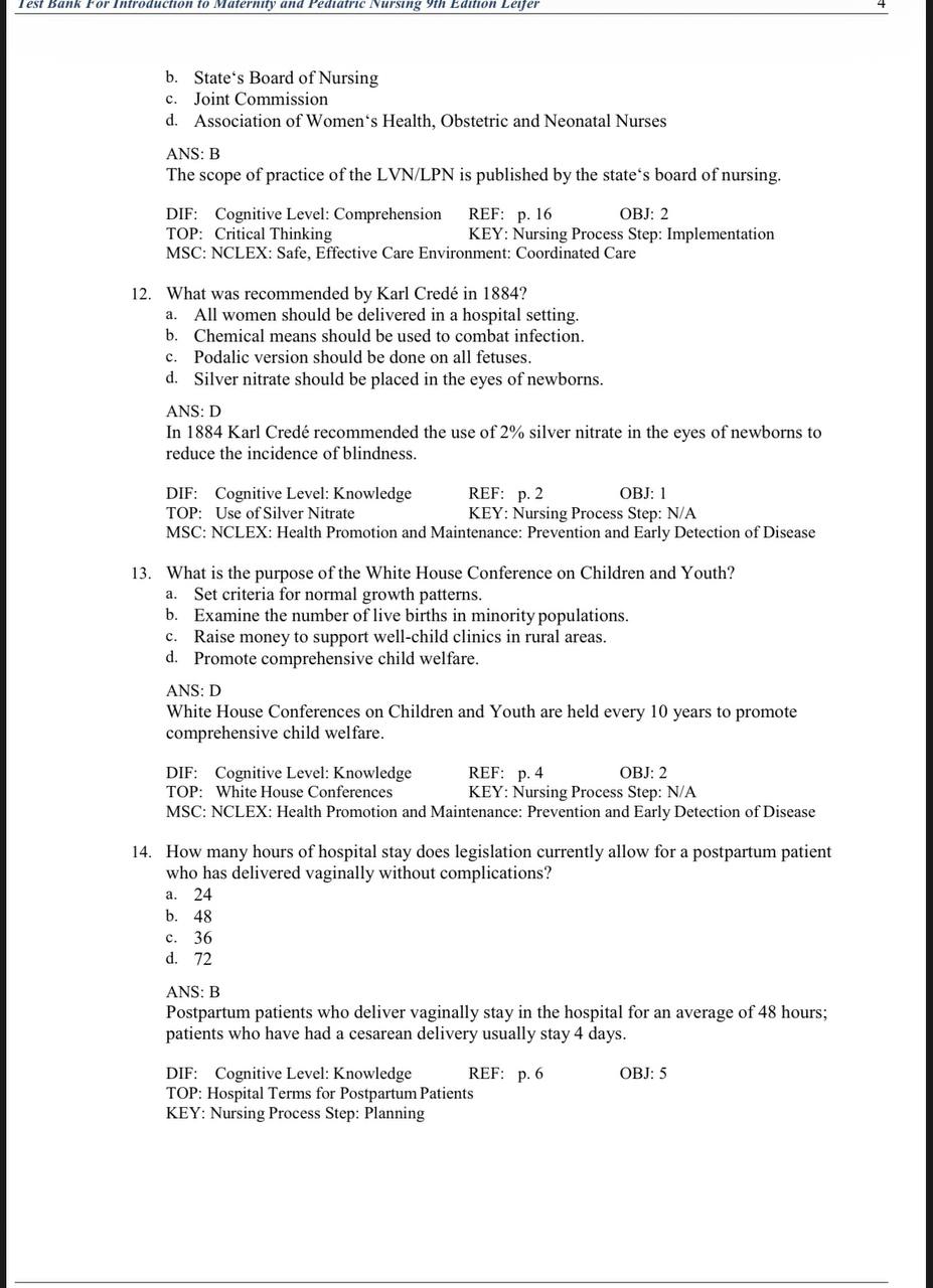 Test Bank for Introduction to Maternity and Pediatric Nursing – 9th Edition (Leifer)