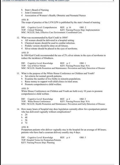Test Bank for Introduction to Maternity and Pediatric Nursing – 9th Edition (Leifer)