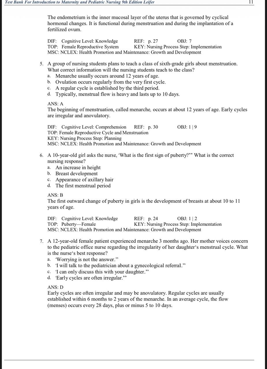 Test Bank for Introduction to Maternity and Pediatric Nursing – 9th Edition (Leifer)