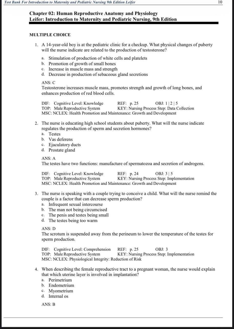 Test Bank for Introduction to Maternity and Pediatric Nursing – 9th Edition (Leifer)