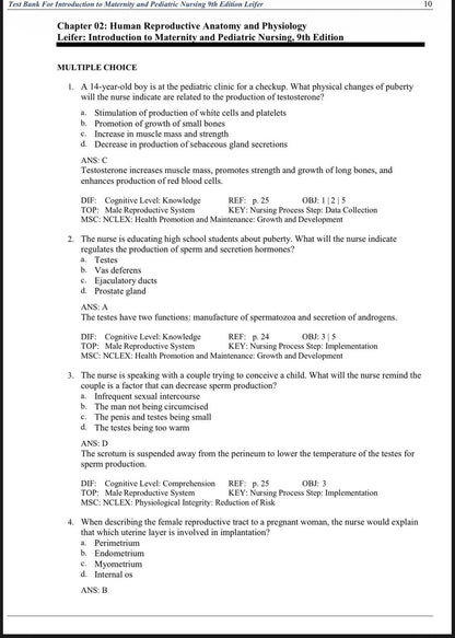 Test Bank for Introduction to Maternity and Pediatric Nursing – 9th Edition (Leifer)