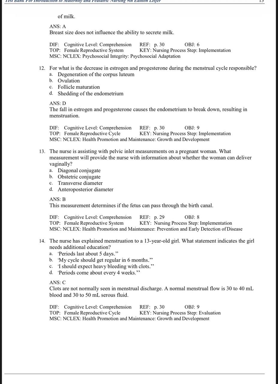 Test Bank for Introduction to Maternity and Pediatric Nursing – 9th Edition (Leifer)