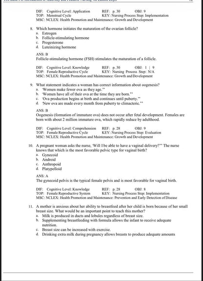 Test Bank for Introduction to Maternity and Pediatric Nursing – 9th Edition (Leifer)